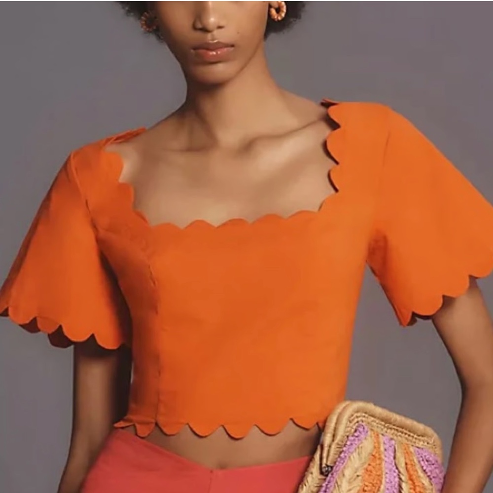 Maeve Square-Neck Scallop Blouse in Orange (NWT)
